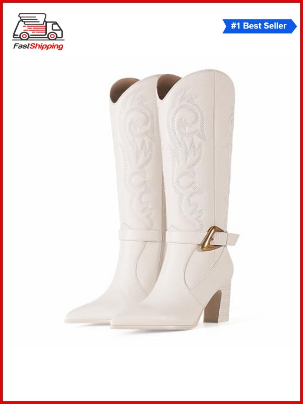 ✨ Western Cowboy Boots Knee High Embroidered Gold Buckle Pointed Toe Faux